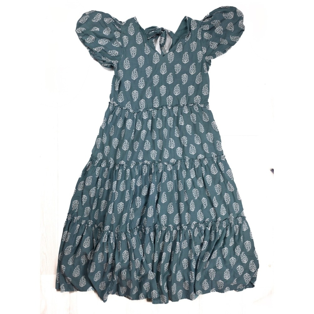 Lucky Brand Teal Tiered Puff Sleeve Cottage Core‎ Maxi Dress Women's Size Medium